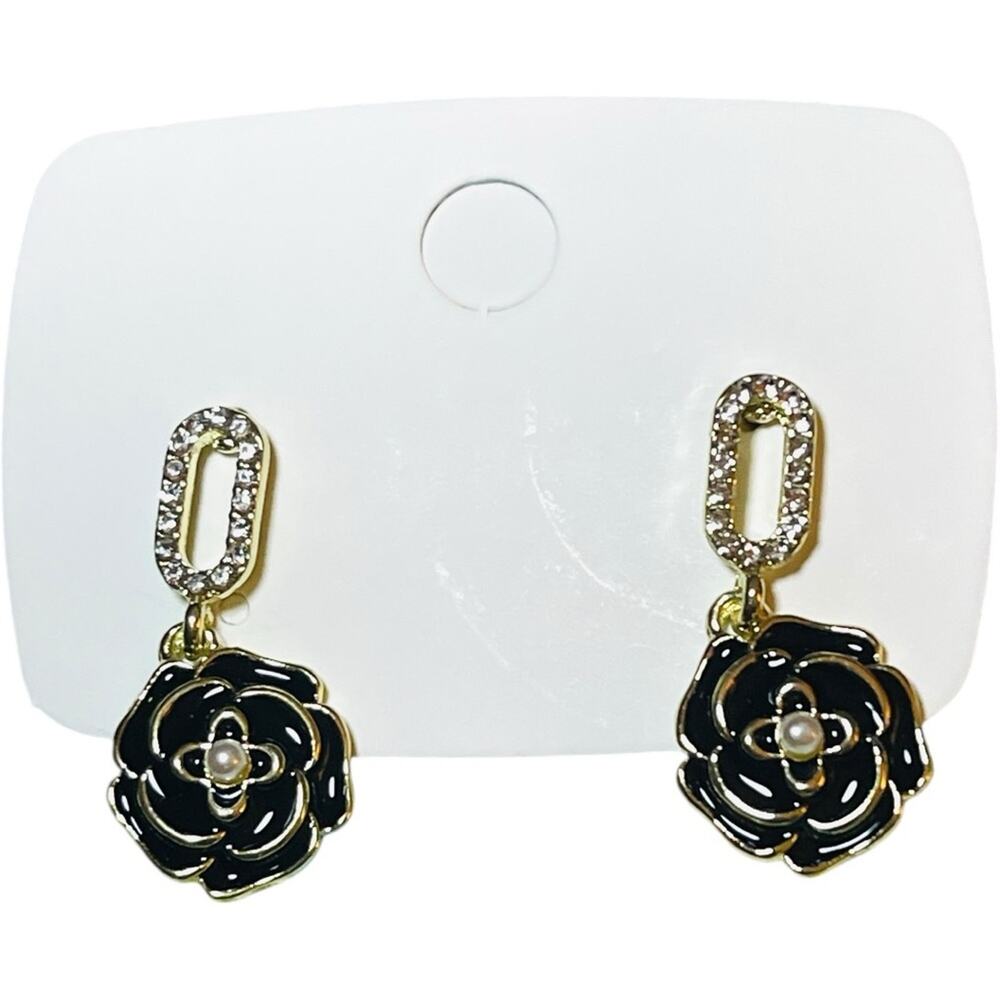 Designer Black Camellia Pearl Dangle Earrings - Picture 2 of 7
